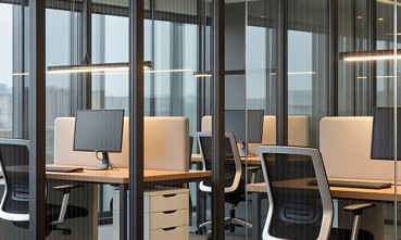 現代辦公室中大型懸吊式拉門用於會議室隔間的場景
